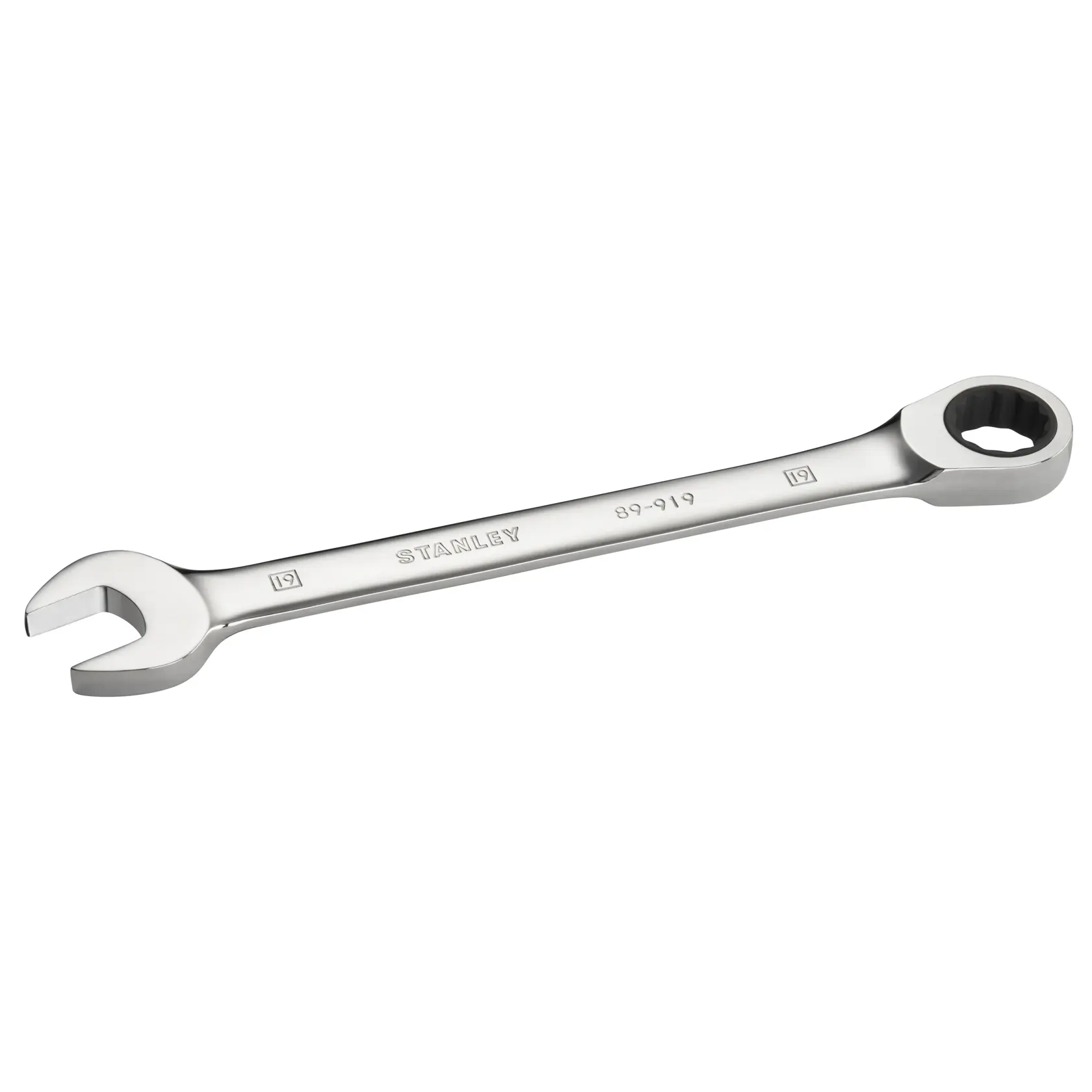 Photo of STANLEY STMT89919-0 combination wrench, chrome finish, open and box end, angled on white background.