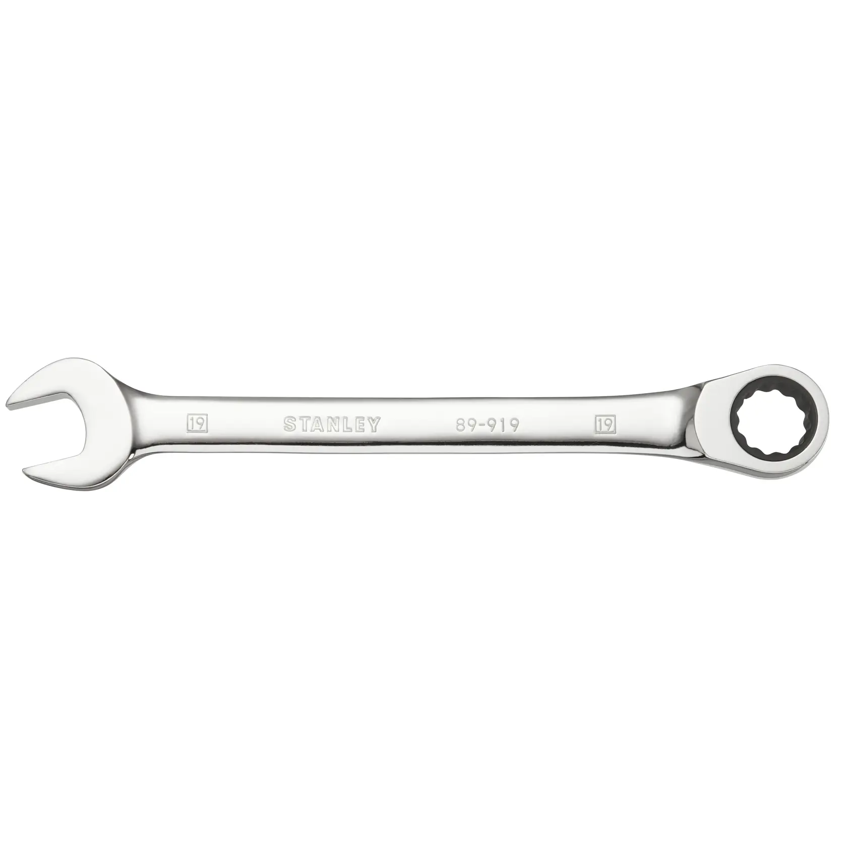 Photo of STANLEY STMT89919-0 combination wrench, chrome finish, flat lay on white background.