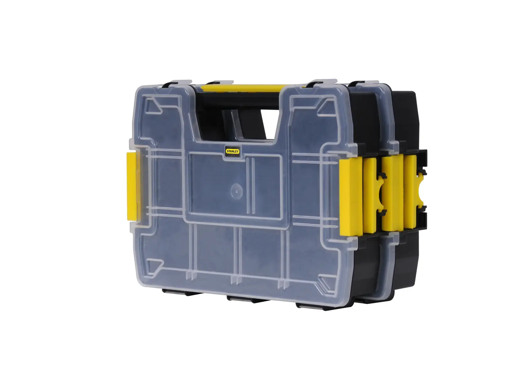 STANLEY STST1-71197 clear plastic organizer with yellow latches, front angle on white background.