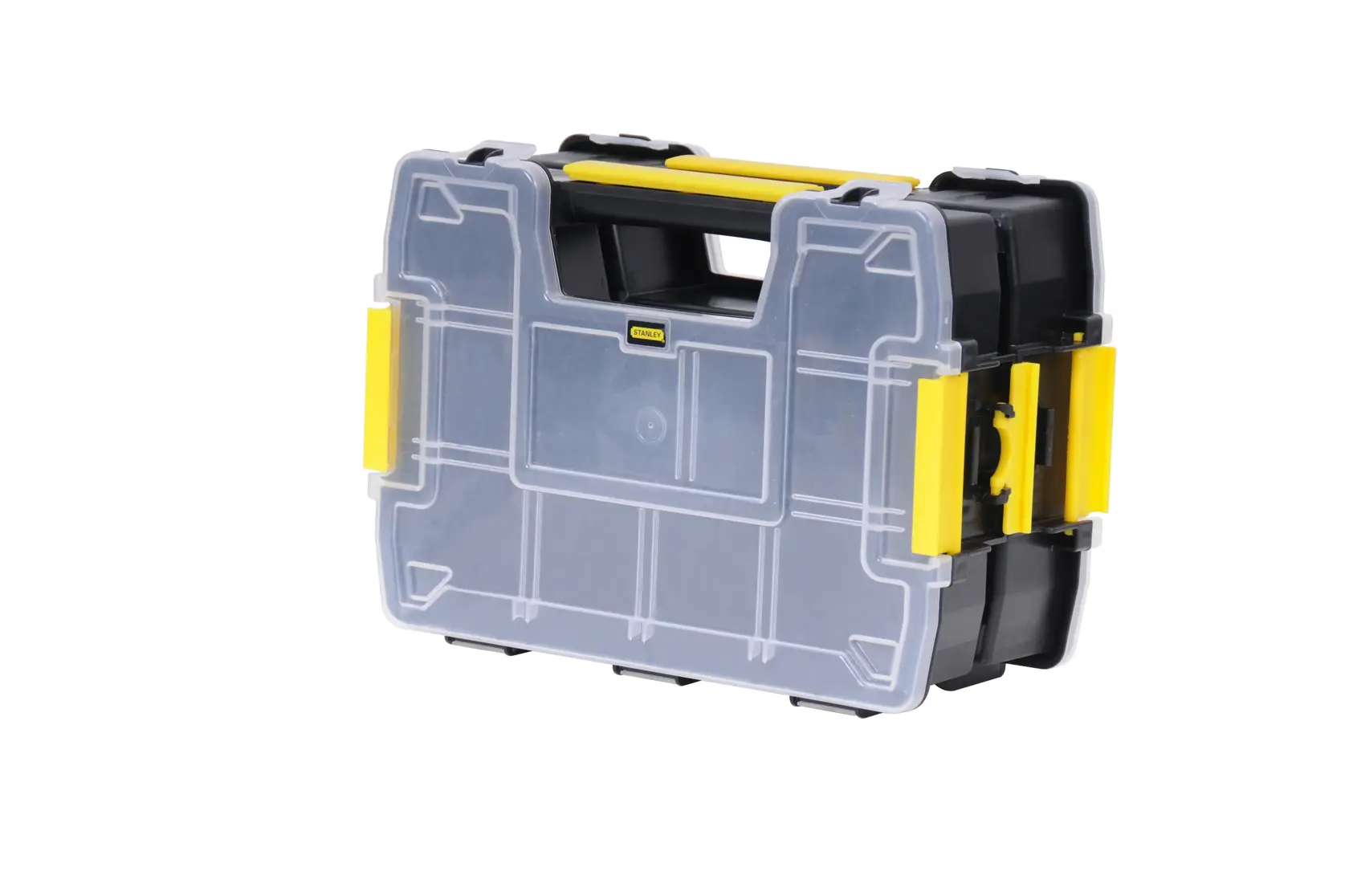 Stanley plastic organizer box with clear lid, yellow latches, and handle for storing small items.
