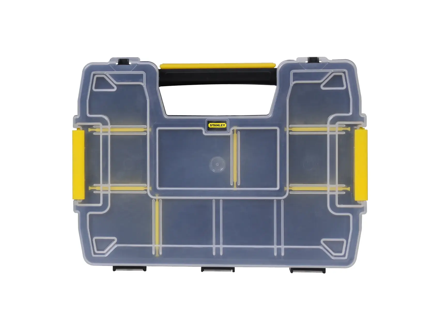 Stanley transparent hard plastic storage box with yellow latches and handle, designed for organizing small items.