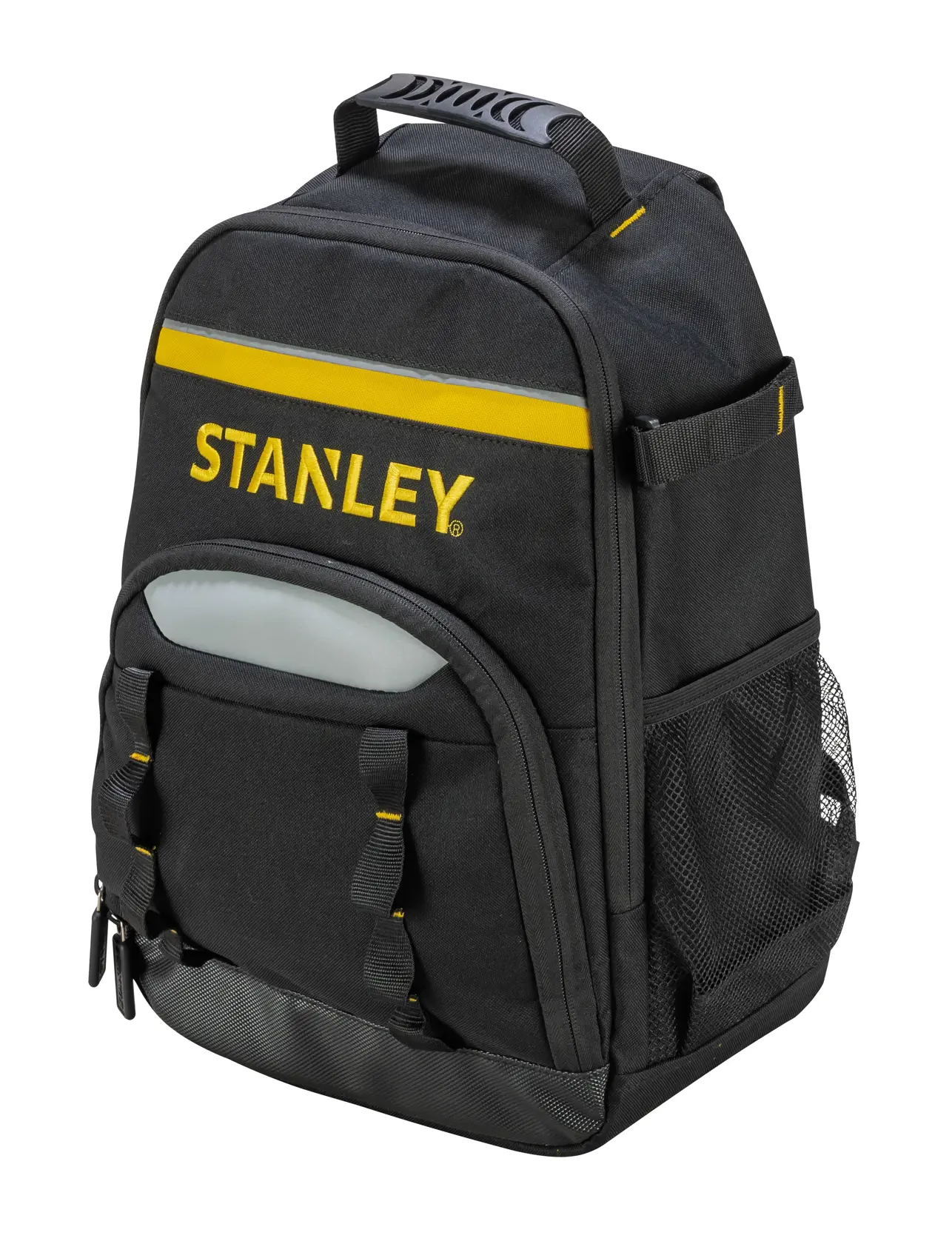 Foto des schwarzen STANLEY STST1-72335 Werkzeugrucksacks mit gelben Akzenten und mehreren Taschen, Vorderansicht.