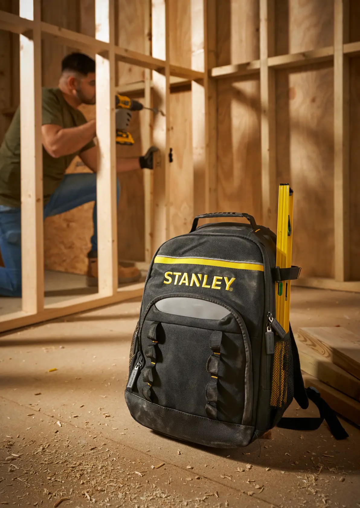 STANLEY STST1-72335 schwarzer Werkzeugrucksack mit gelben Akzenten und Wasserwaage am Bau.