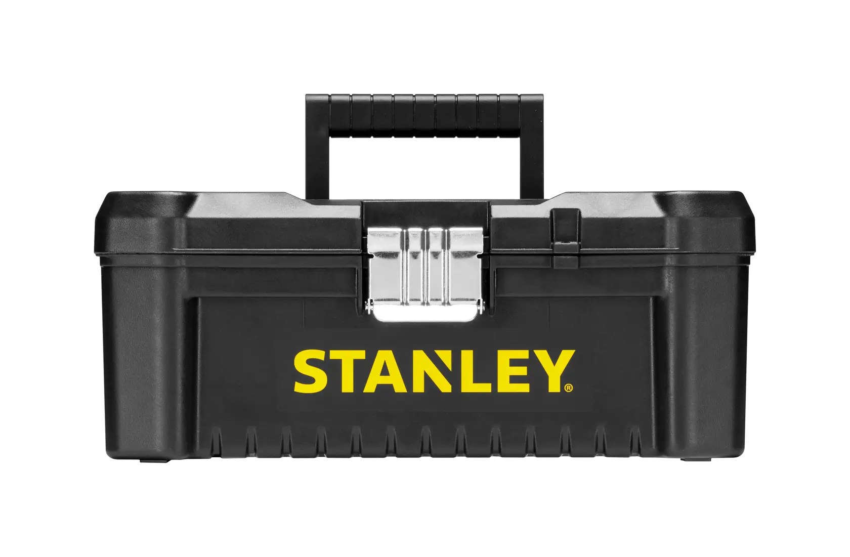 Foto vom STANLEY STST1-75515 schwarzen Werkzeugkasten mit gelbem Logo, Frontansicht, Metallverschluss und Kunststoffgriff.
