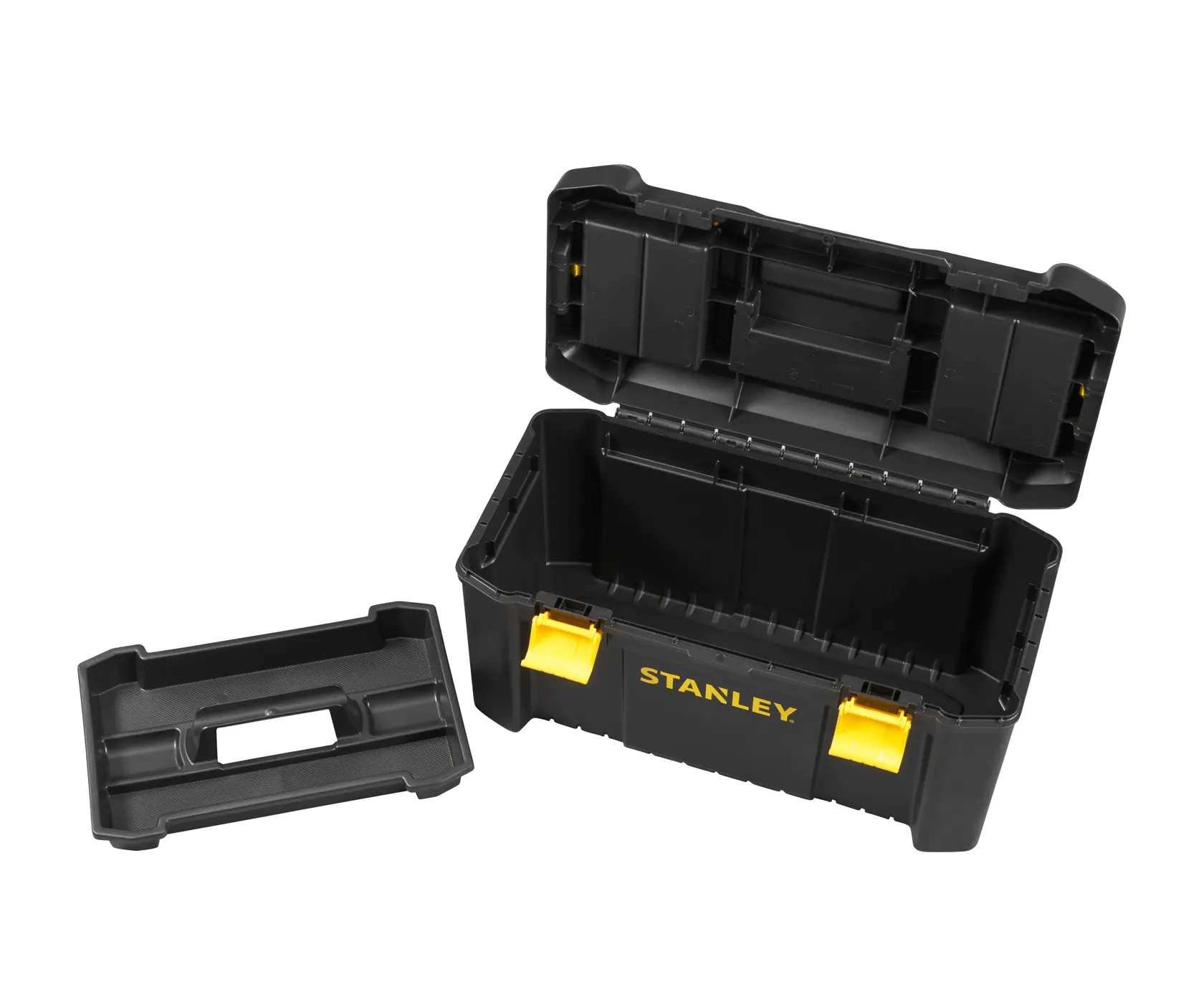 STANLEY STST1-75520 black toolbox with open lid, yellow latches, and removable tray on white background.