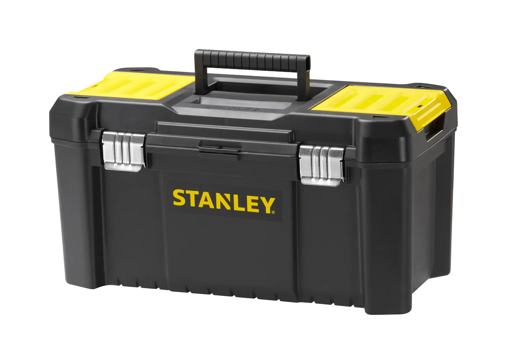 STANLEY STST1-75521, STST1-75521-KR black and yellow toolbox, front angle, Photography product.
