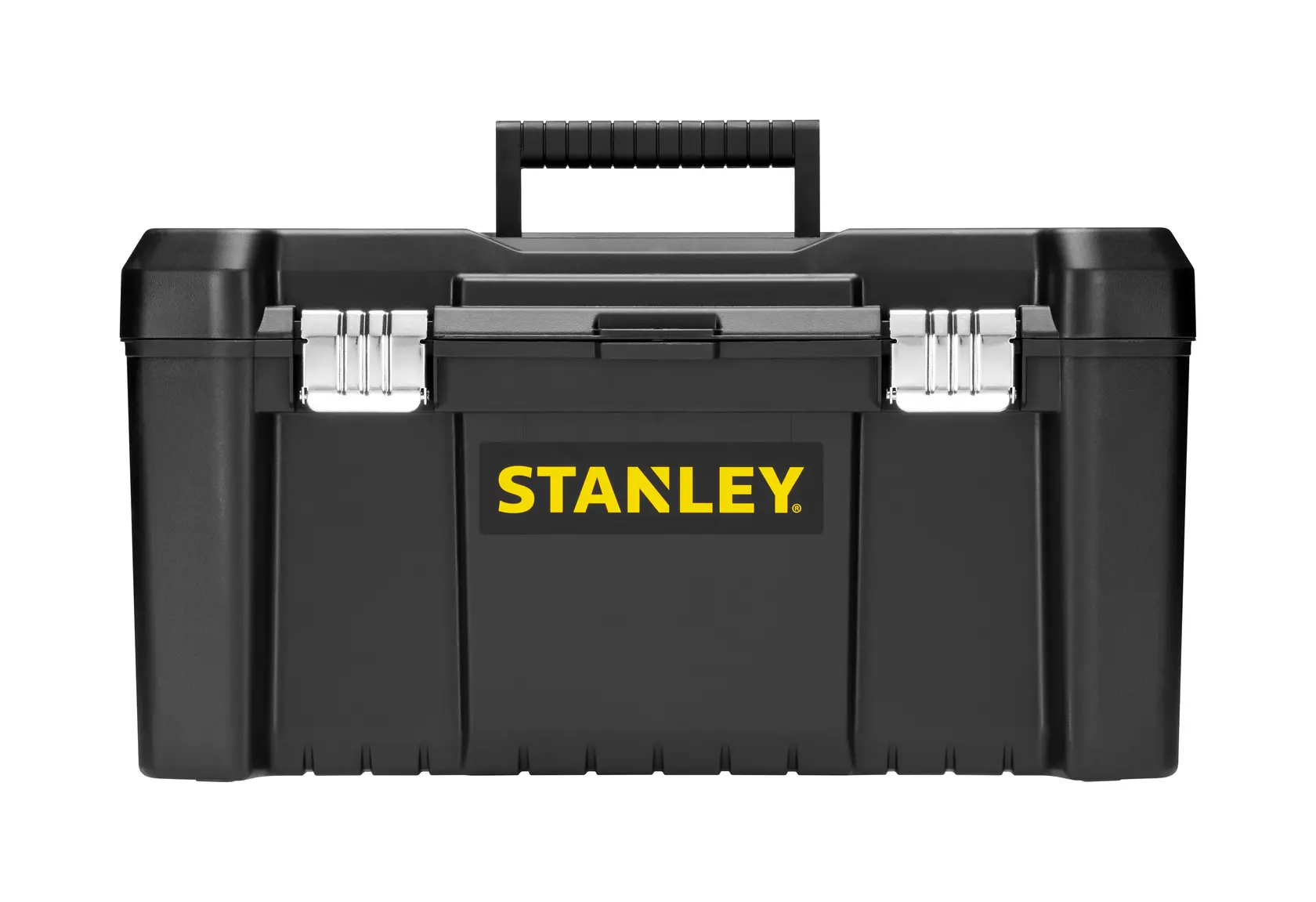 STANLEY STST1-75521, STST1-75521-KR toolbox black with metal latches, front angle, white background.