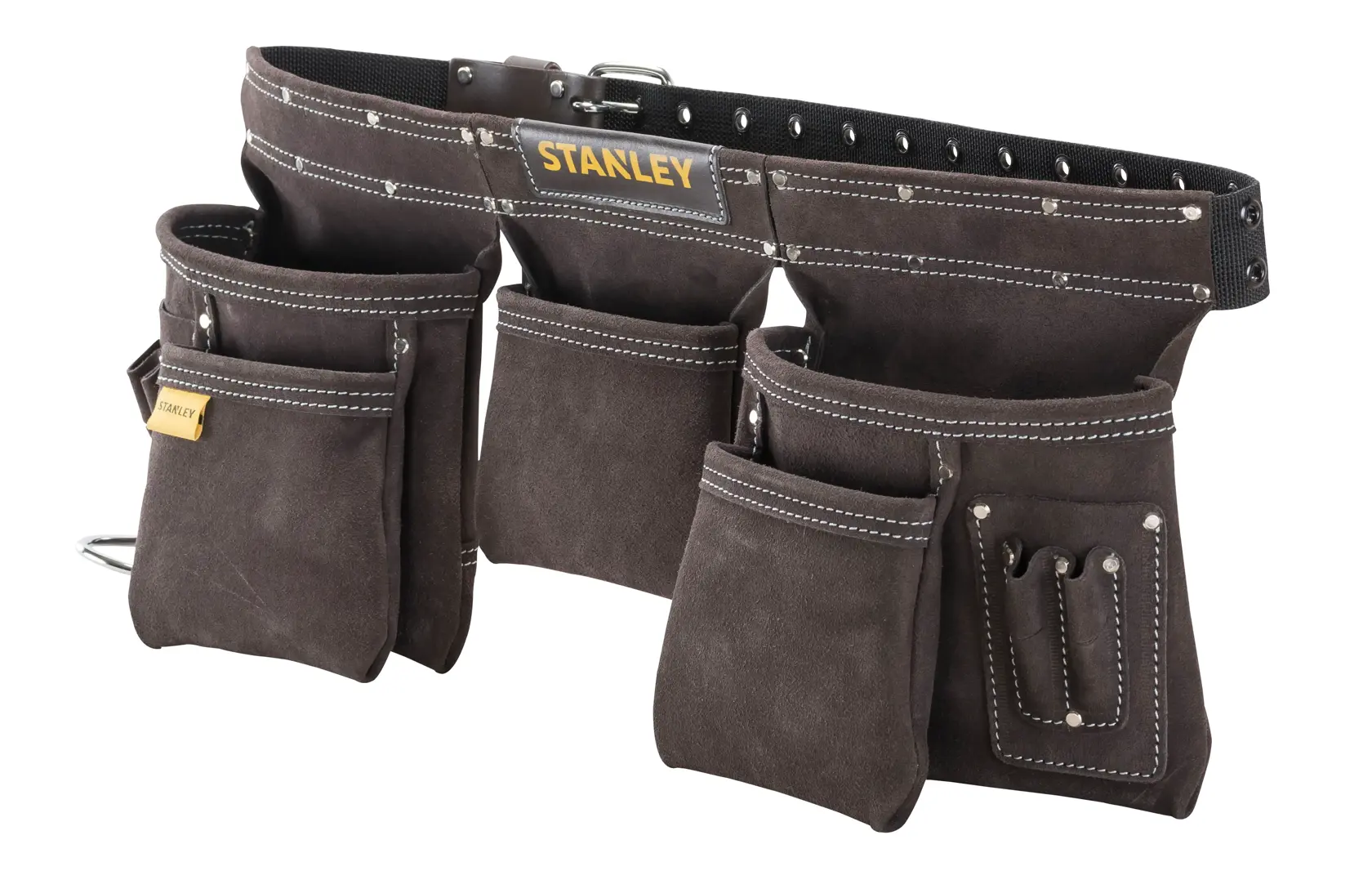STANLEY STST1-80113 Werkzeuggürtel mit mehreren braunen Wildledertaschen und weißen Nähten, schräg auf weißem Hintergrund.