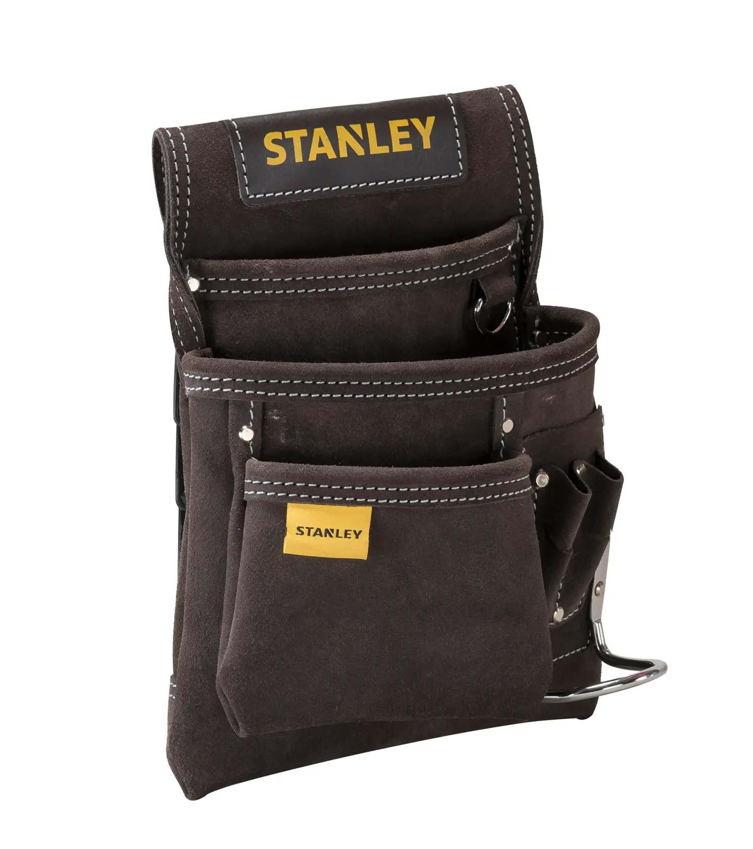 STANLEY STST1-80114 Werkzeugtasche, schwarzes Wildleder, mehrere Fächer, Frontansicht auf weißem Hintergrund.