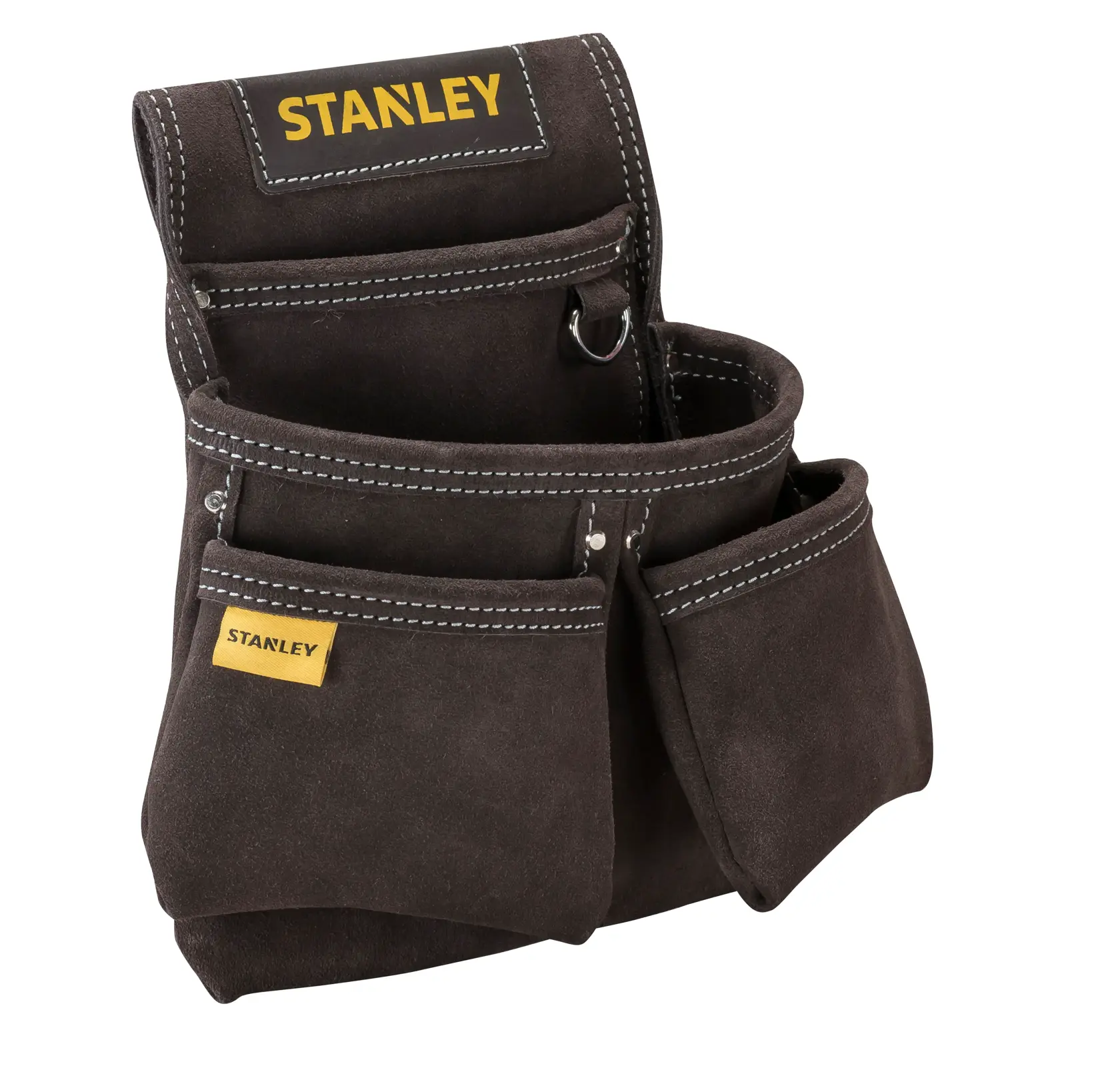 STANLEY STST1-80116 braune Wildleder-Werkzeugtasche mit mehreren Taschen, Frontansicht auf weißem Hintergrund.