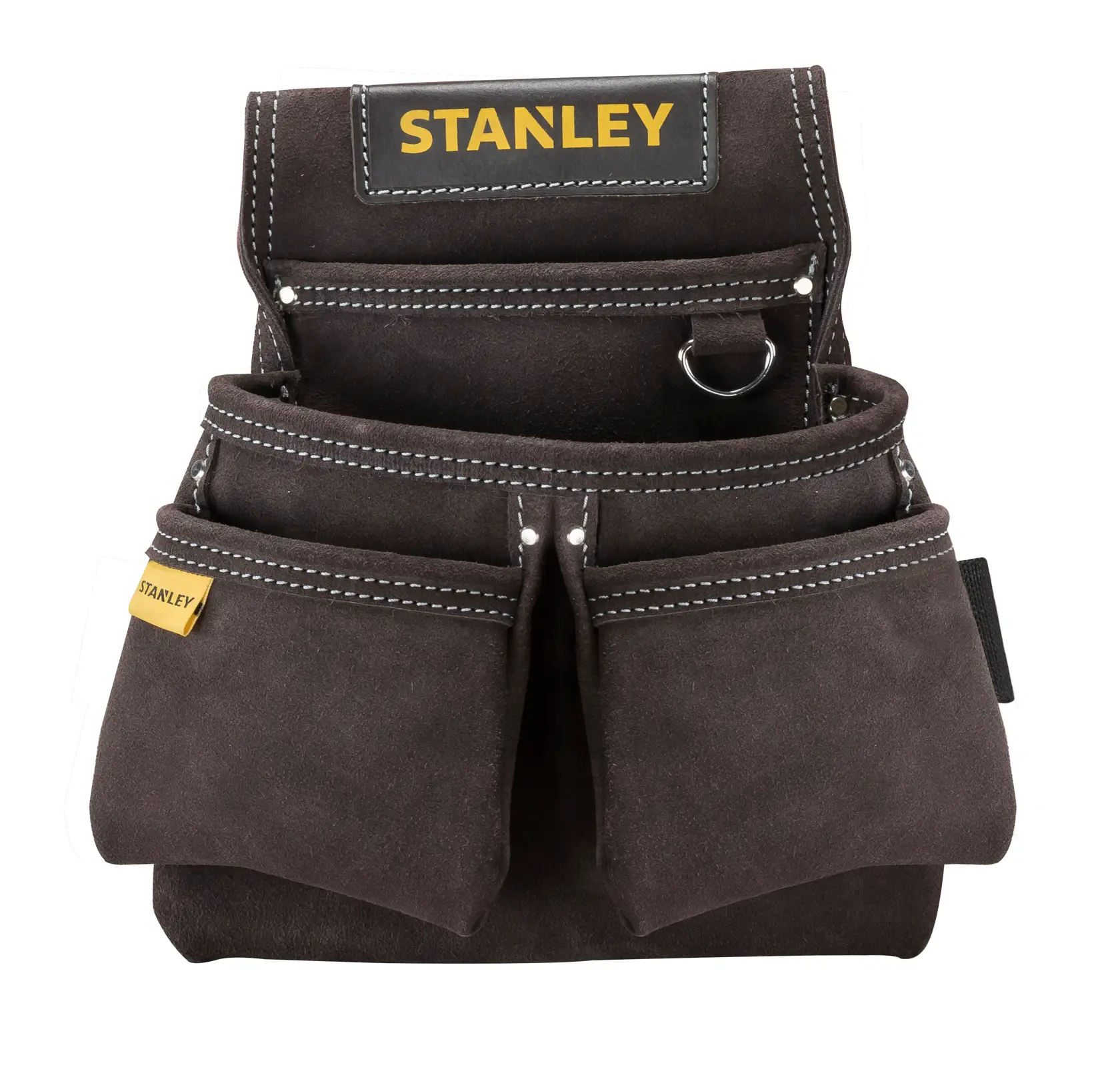 STANLEY STST1-80116 braune Wildleder-Werkzeugtasche, Vorderansicht, weißer Hintergrund.
