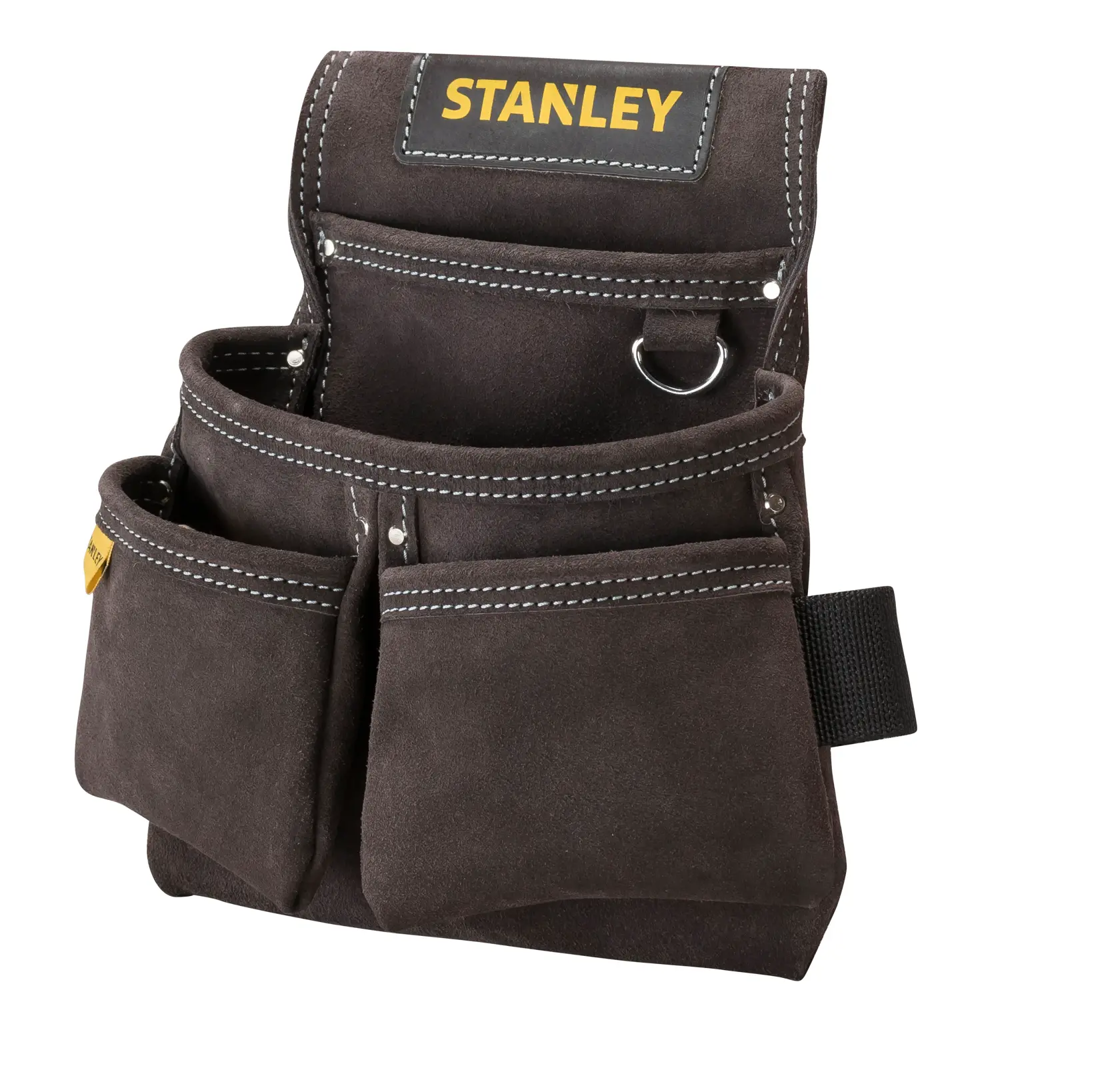 Foto von STANLEY STST1-80116 braune Wildleder-Werkzeugtasche mit mehreren Taschen, Vorderansicht, weißer Hintergrund.