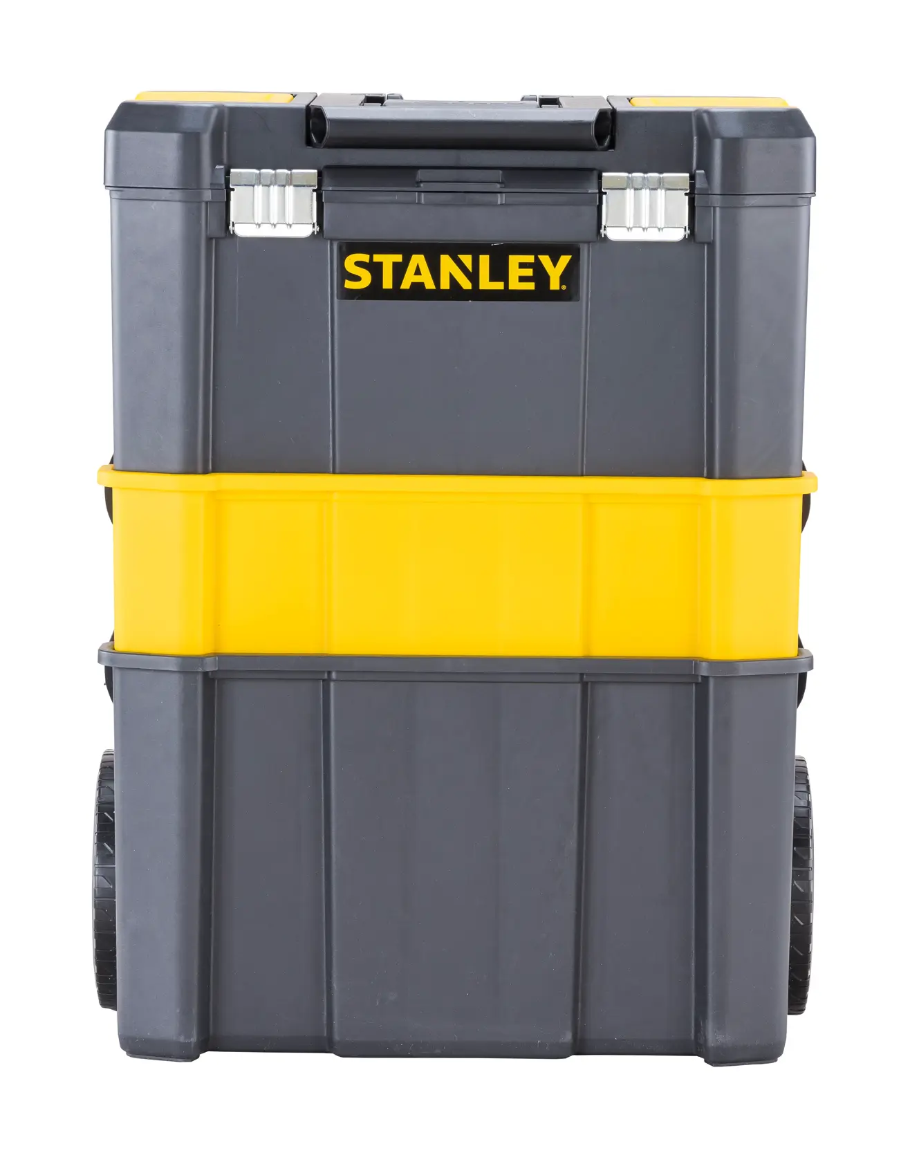 Stanley Roll-Werkzeugkasten mit gelben und schwarzen Fächern, großen Rädern und robustem Griff.