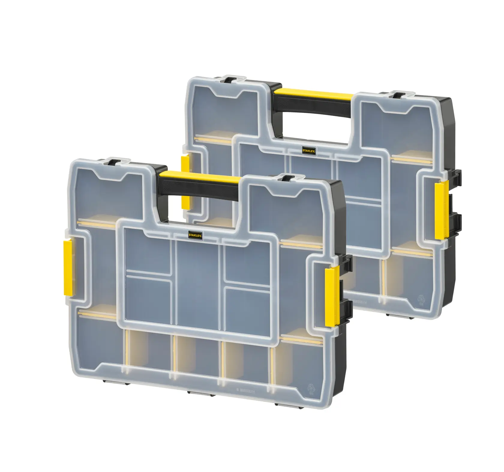 STANLEY STST1-97486 organizer set with transparent lids and yellow latches, front angle, photography.