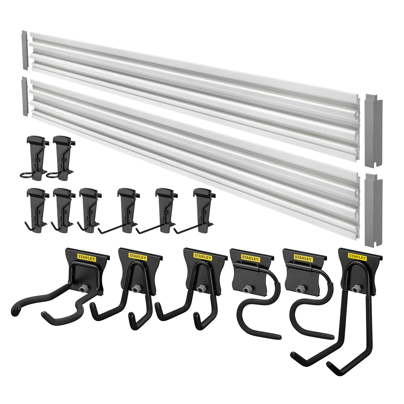 STANLEY STST22000-1 wall-mounted storage rail system set with silver rails and assorted black utility hooks, angled front view.
