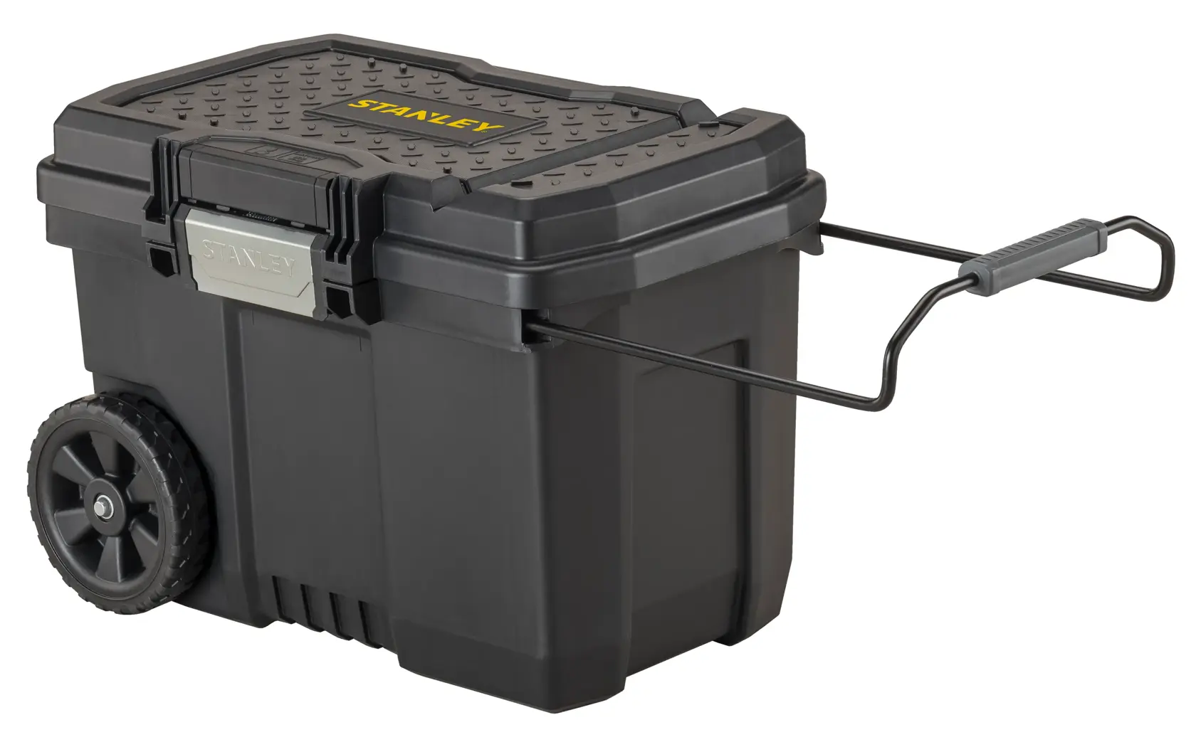 STANLEY STST33090-1 black wheeled tool box with extendable handle, angled on white background.