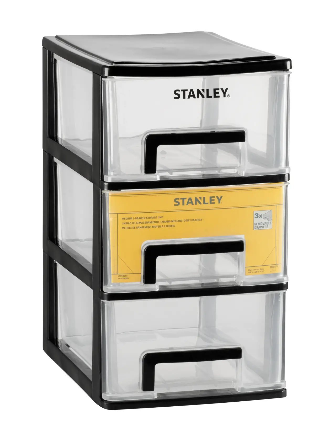 STANLEY STST40711-1 medium storage unit with 3 clear drawers, black frame, front angle photo.
