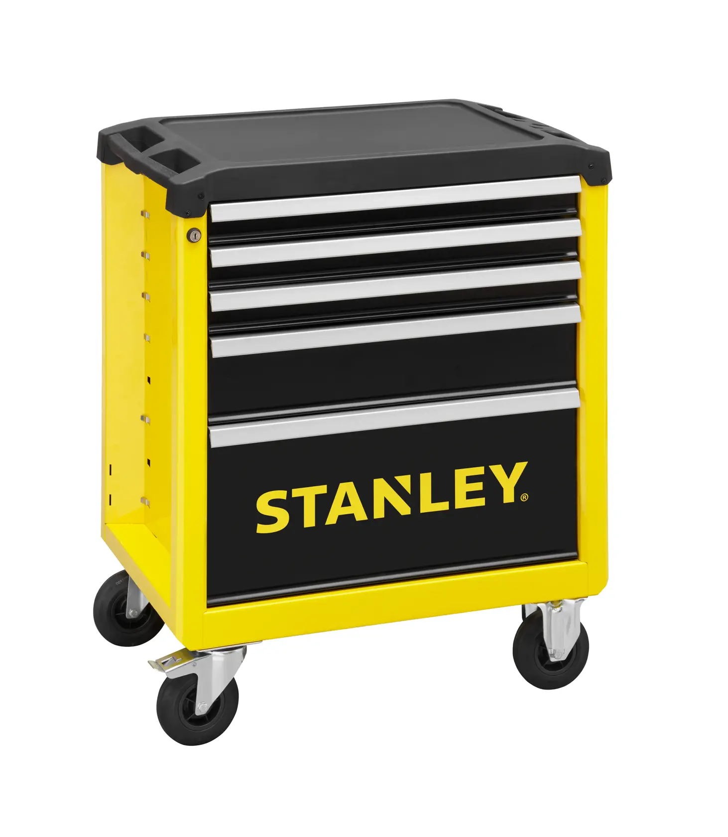 Foto des STANLEY STST74305-1 gelb-schwarzen fahrbaren Werkzeugschranks in einer Garage, Vorderansicht links.