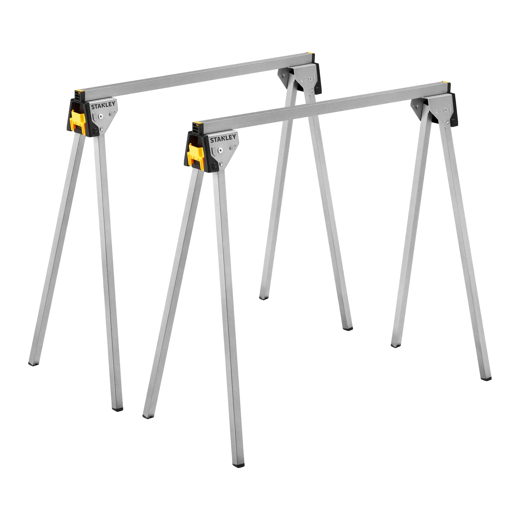 STANLEY STST81337-1 Metall-Klappbock Set, silber mit gelben Akzenten, aus Winkelsicht auf weißem Hintergrund.