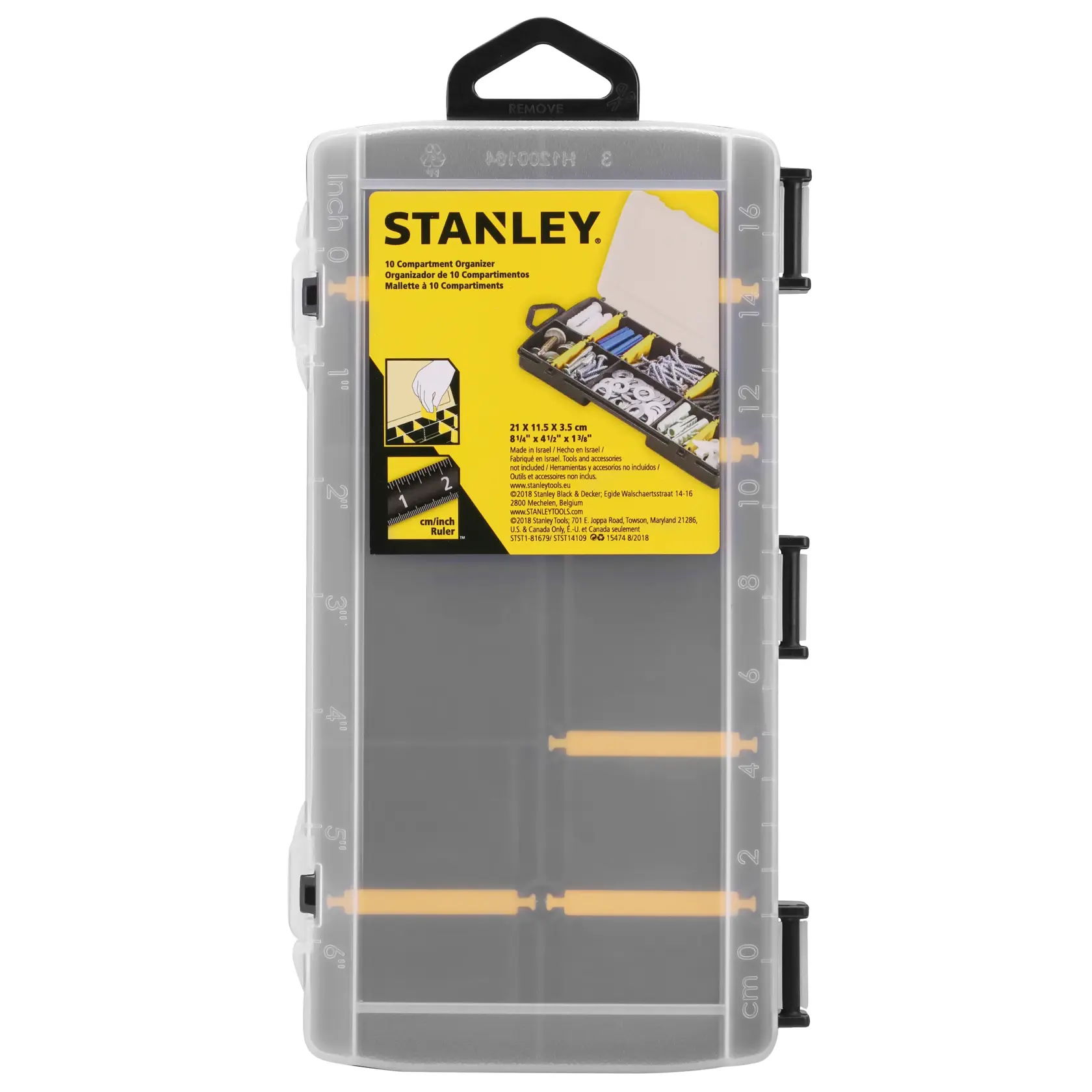 STANLEY STST81679-1 10-Fach-Organizer, transparente Kunststoffbox, Vorderansicht, weißer Hintergrund.