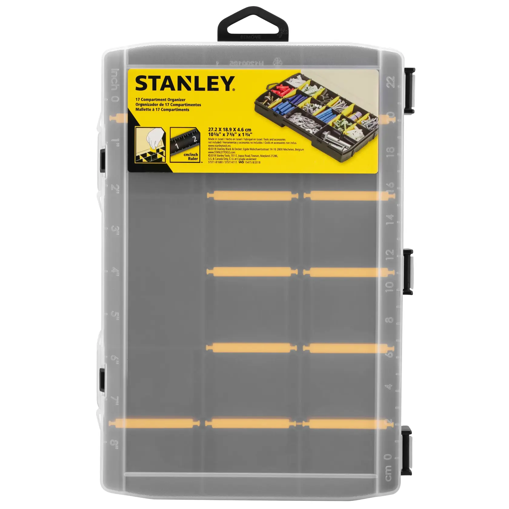 STANLEY STST81680-1 Organizer-Box mit 17 Fächern, transparenter Deckel, schwarz und gelb, Foto von oben.