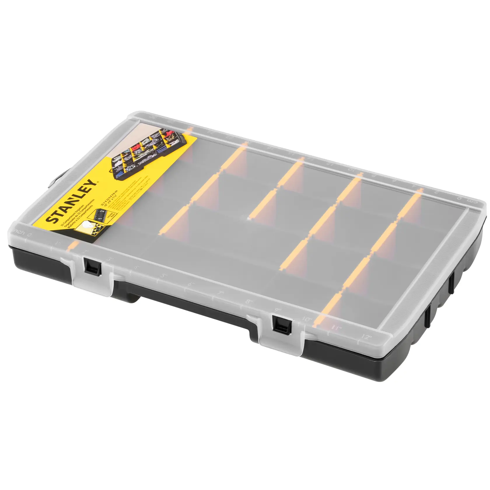 STANLEY STST81681-1 schwarzer Organizer mit Klarsichtdeckel, orange Trennwänden, Produktfoto aus Winkel.