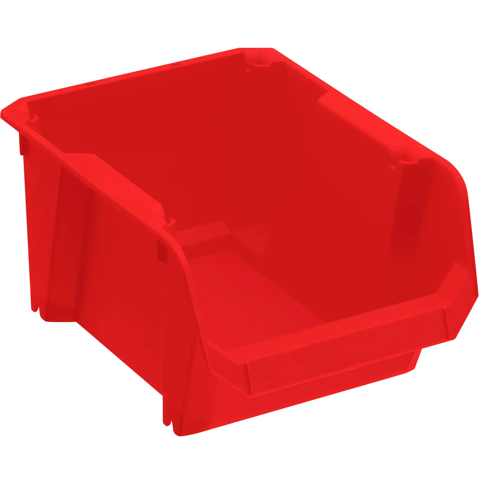 Red plastic storage bin with open front for easy access, designed for organizing small parts or tools.