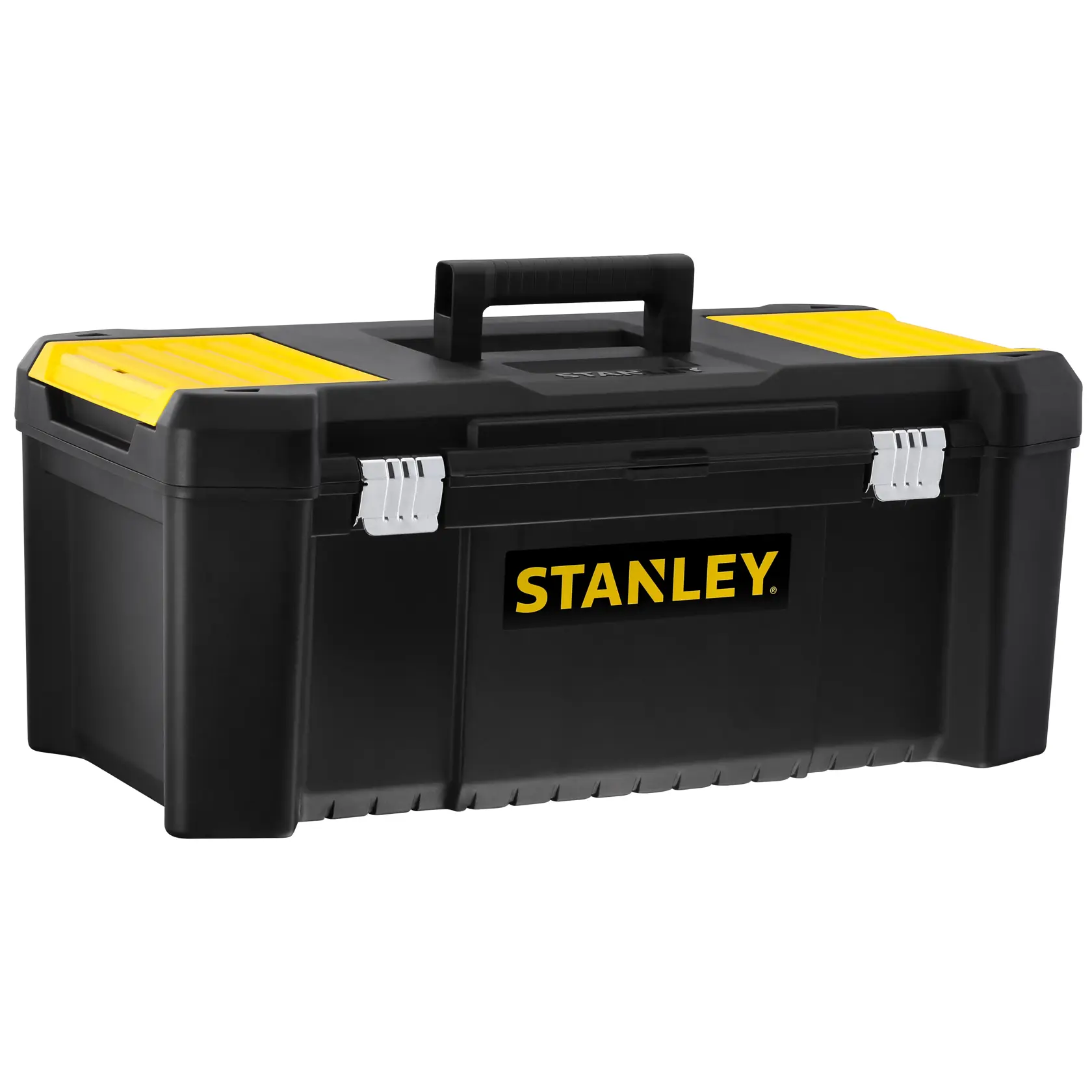 STANLEY STST82976-1 black toolbox with yellow accents, front angle on white background, secure latches, plastic handle.
