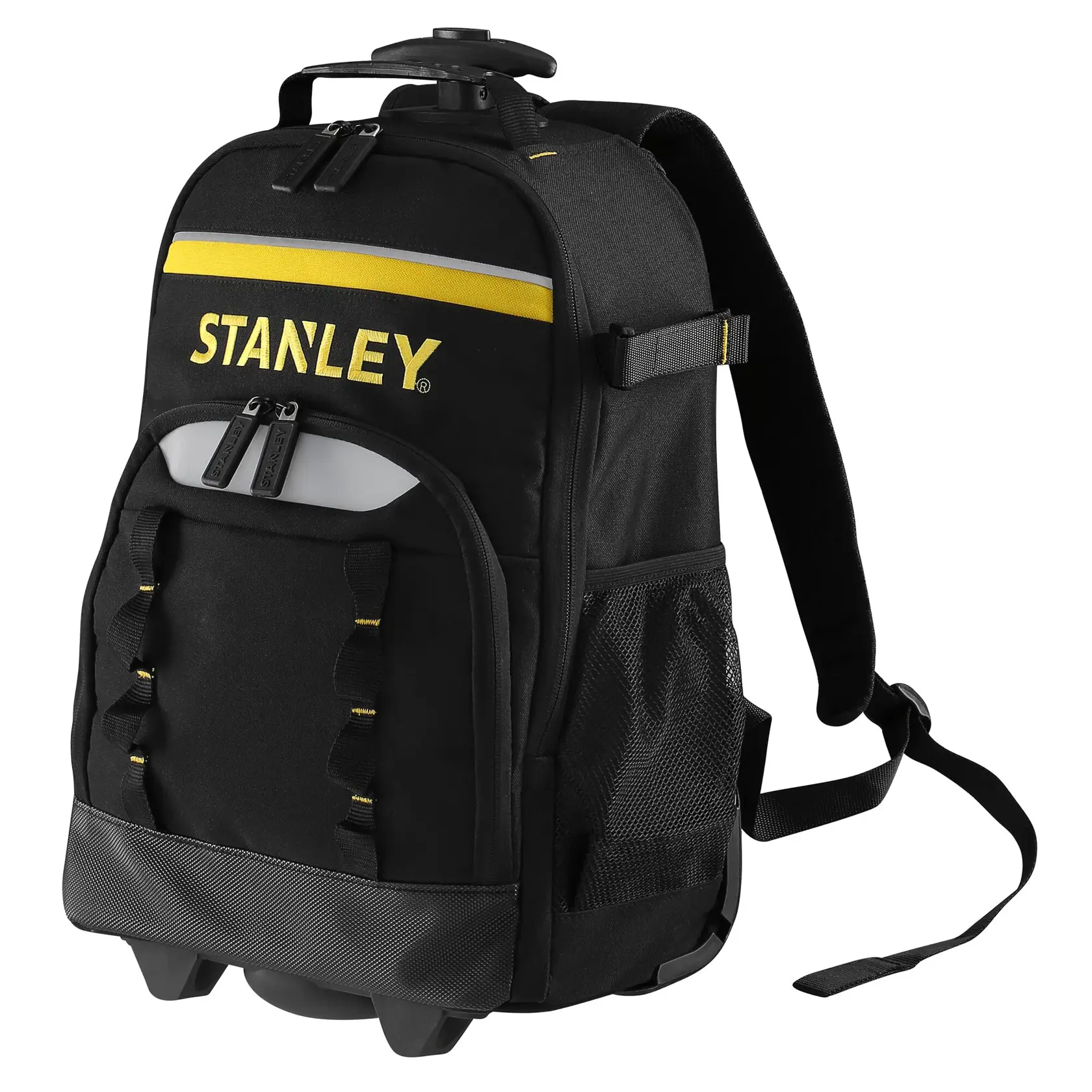 STANLEY STST83307-1 schwarzer Rollrucksack mit gelben Akzenten, Vorderansicht, Werkzeugaufbewahrung