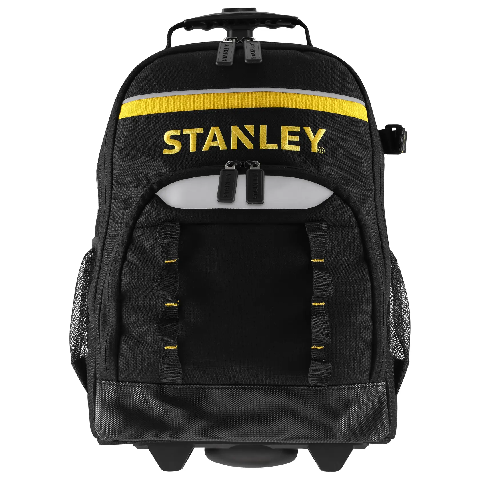 Foto des schwarzen Rollrucksacks STANLEY STST83307-1 mit gelben Akzenten, Vorderansicht.