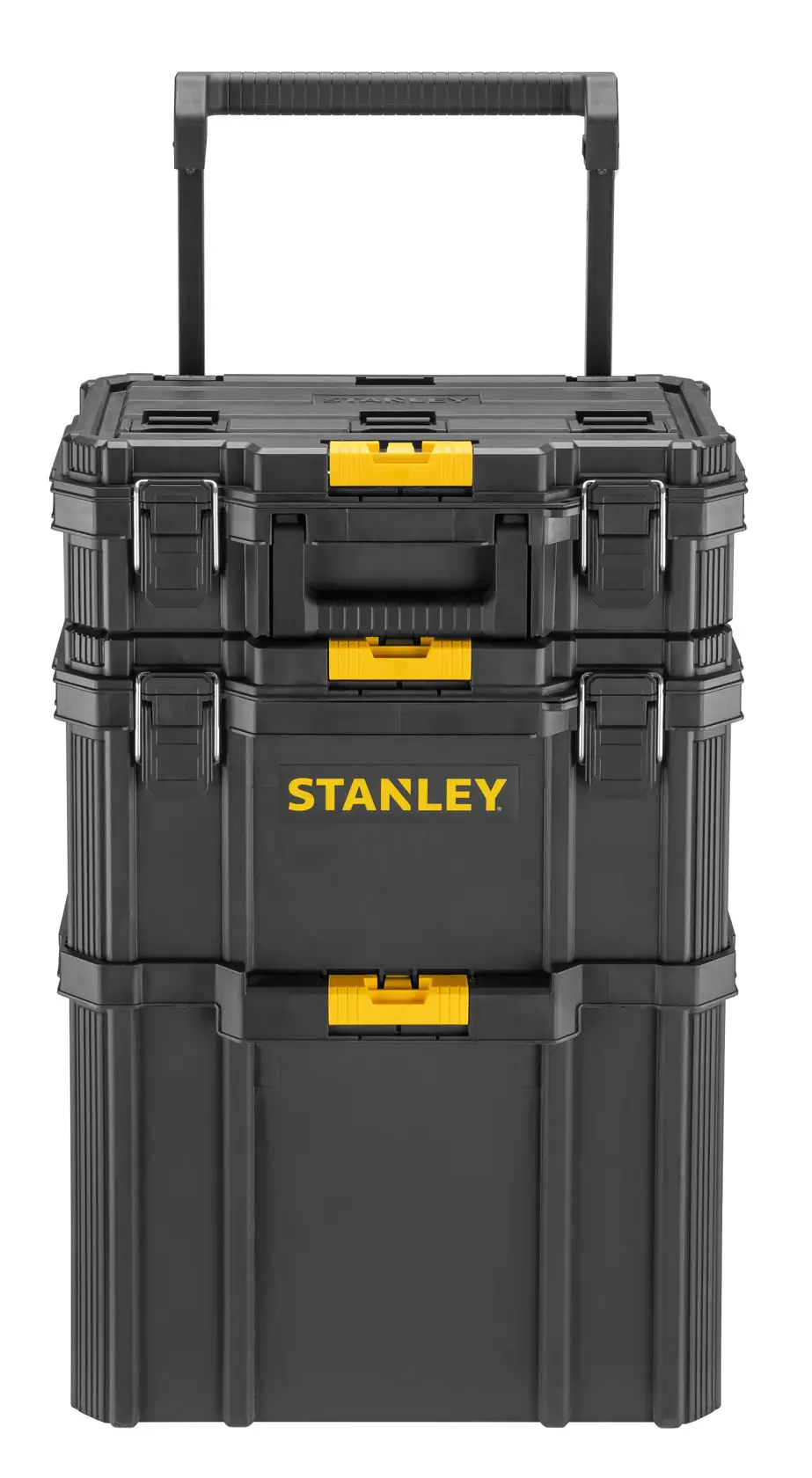 STANLEY STST83319-1 stapelbarer schwarzer Roll-Werkzeugkasten, Frontansicht, gelbe Verschlüsse, Fotografie.