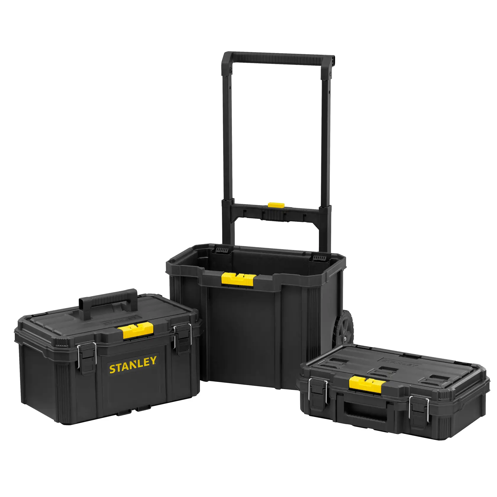 Foto von STANLEY STST83319-1 schwarzem Werkzeugkasten-Set mit gelben Verschlüssen, drei stapelbare Boxen.