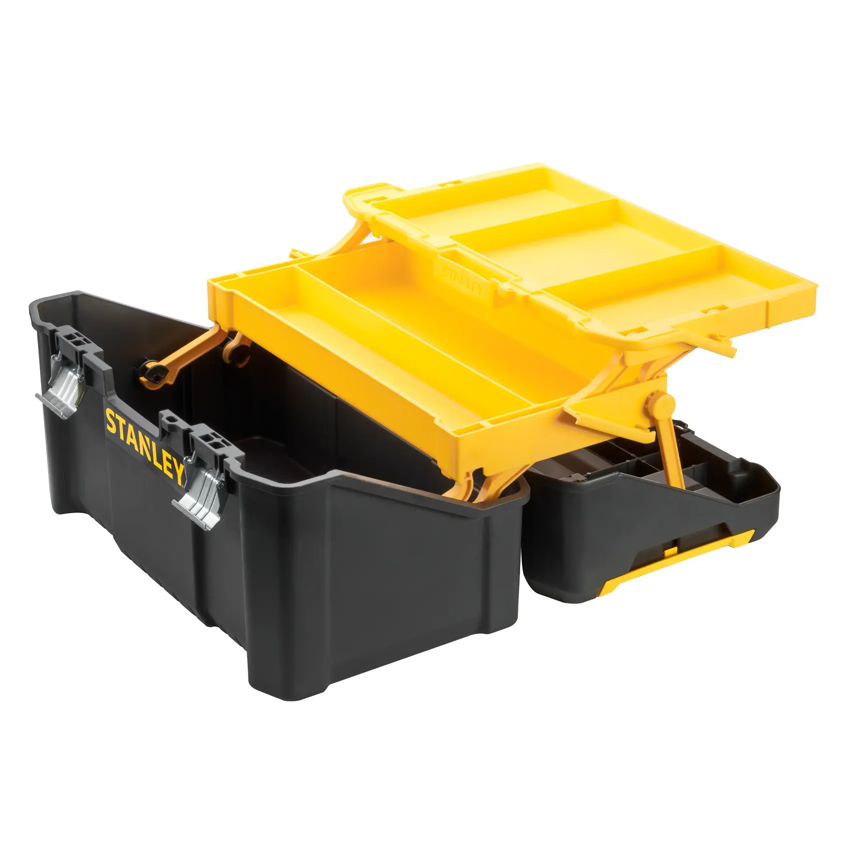 STANLEY STST83397-1 black and yellow plastic toolbox with open cantilever trays, front angle on white background.