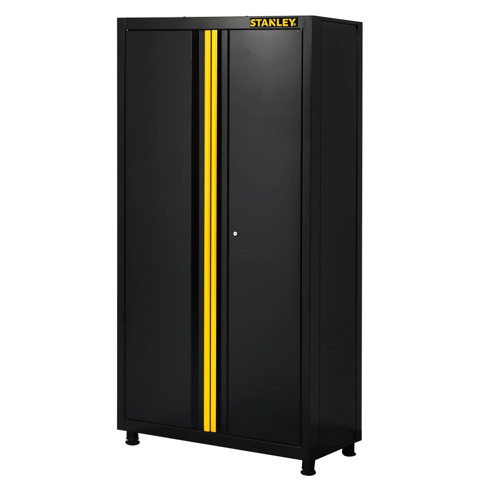 STANLEY STST97957-1 black metal storage cabinet with yellow stripe, frontal angle, photography.