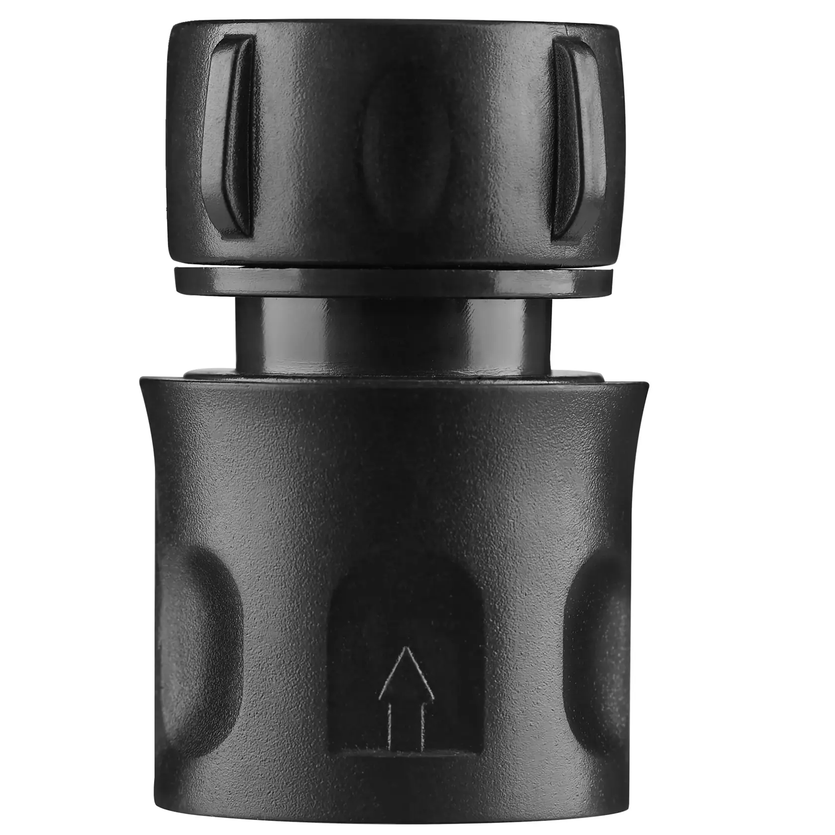 STANLEY STZIHK2 black plastic hose connector, photography, front angle, textured surface, arrow marking.