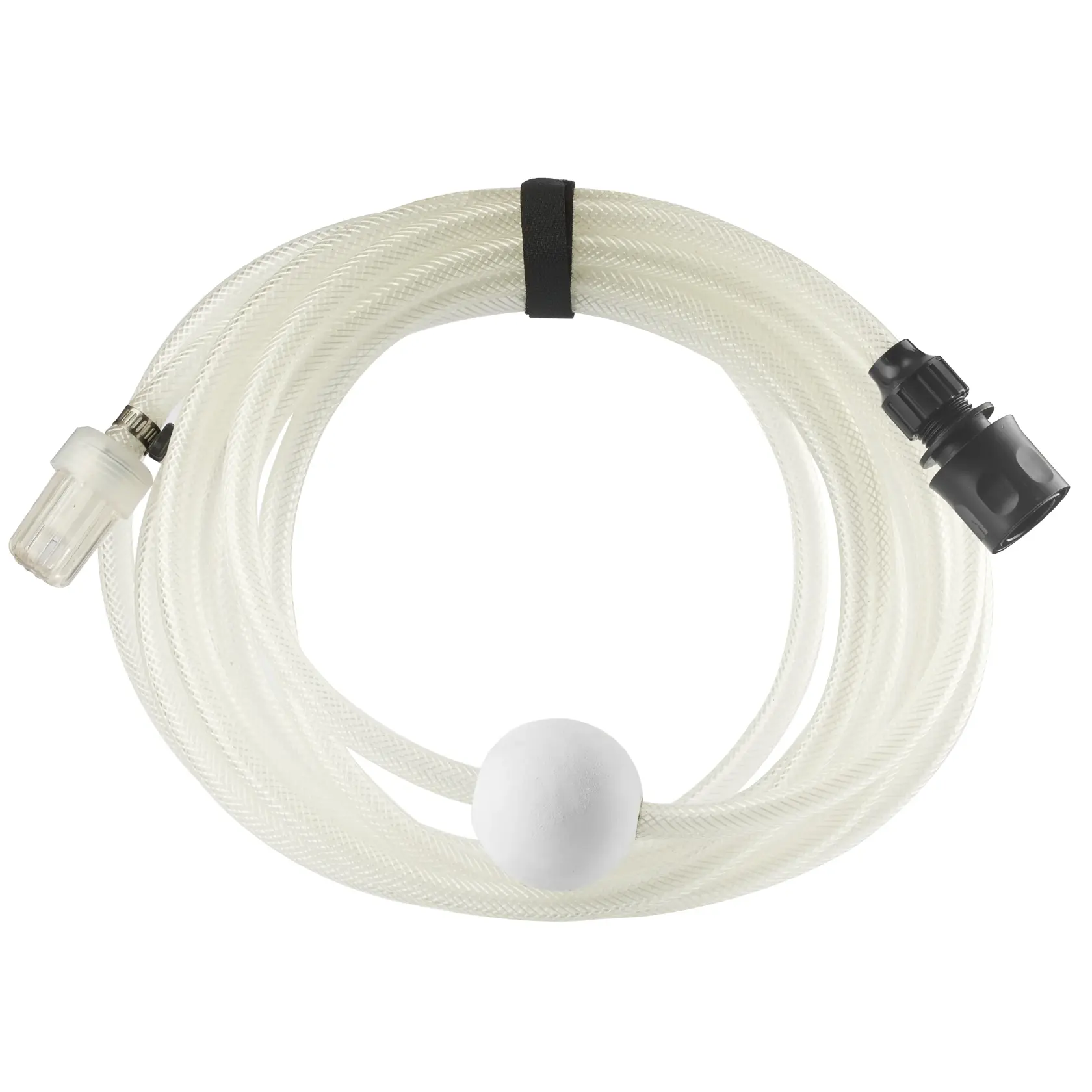 Photo of STANLEY STZIHK2 transparent hose with black and white connectors, coiled, on white background.