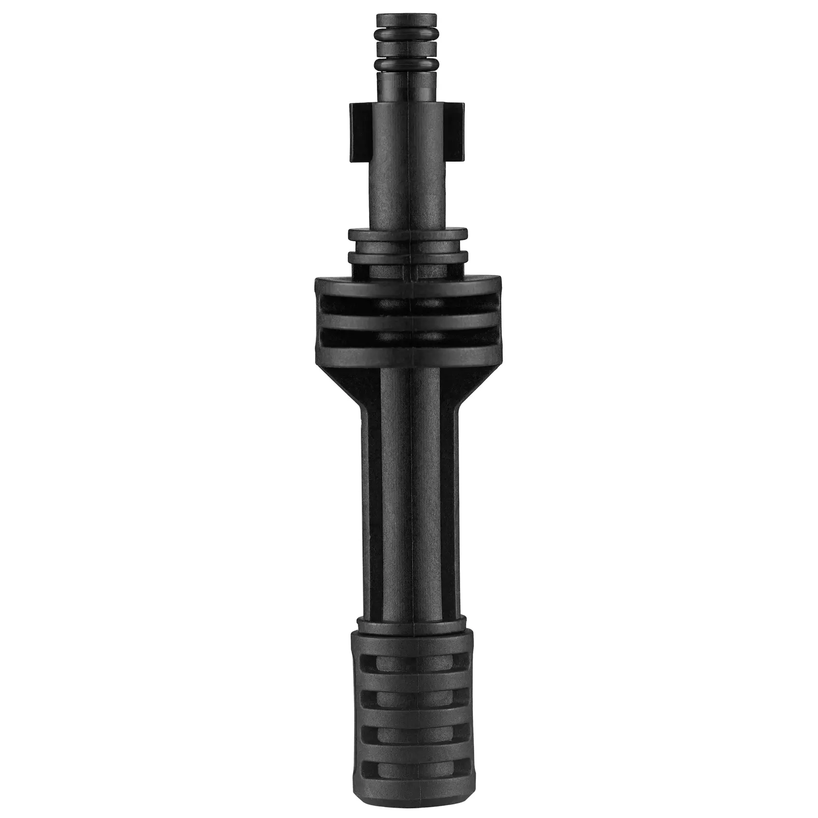 STANLEY STZSW1 black plastic nozzle connector, front angle, photography product image.
