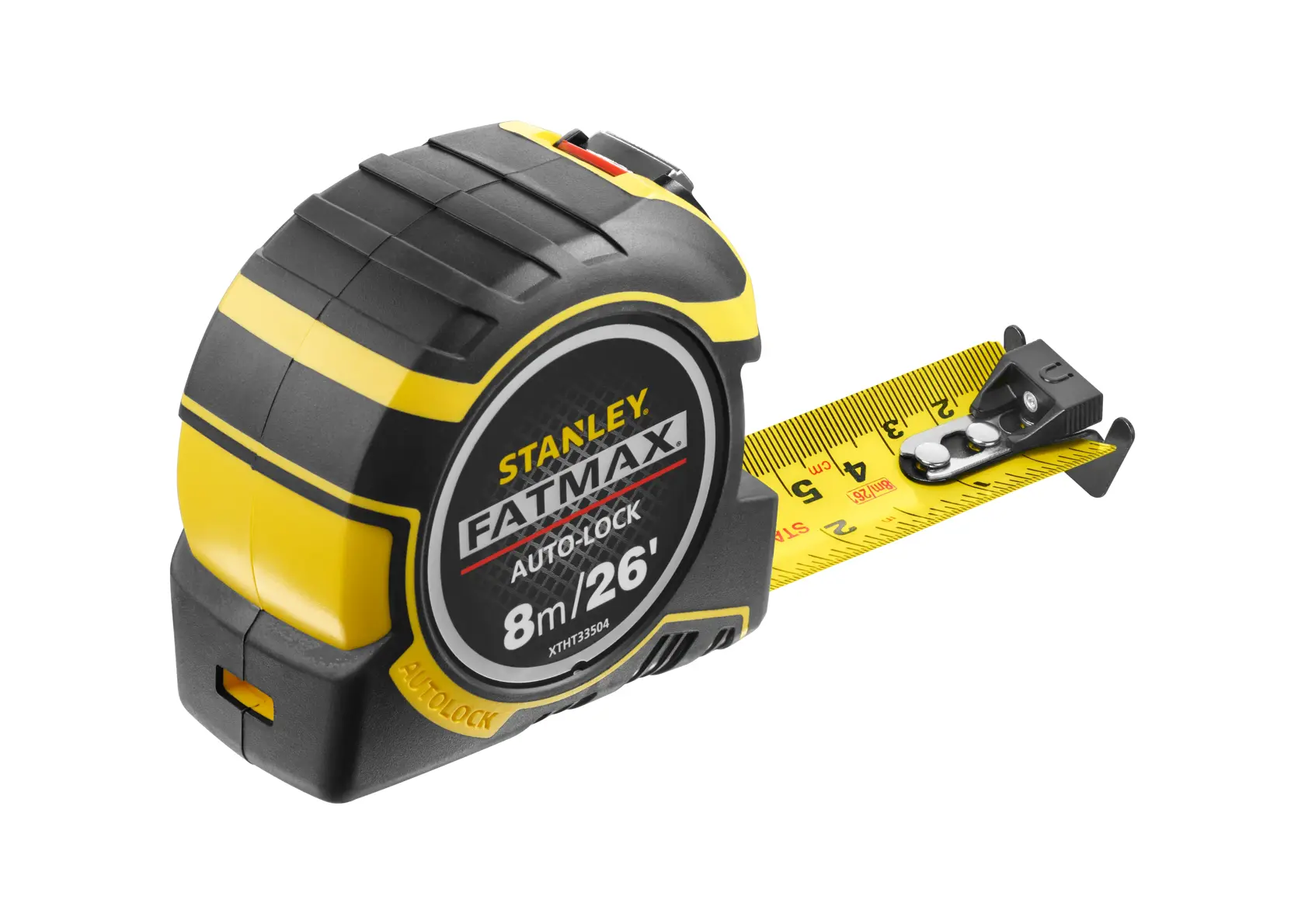 STANLEY XTHT0-33504 tape measure, FATMAX Auto-Lock, 8m/26ft, yellow-black, side angle on white background.