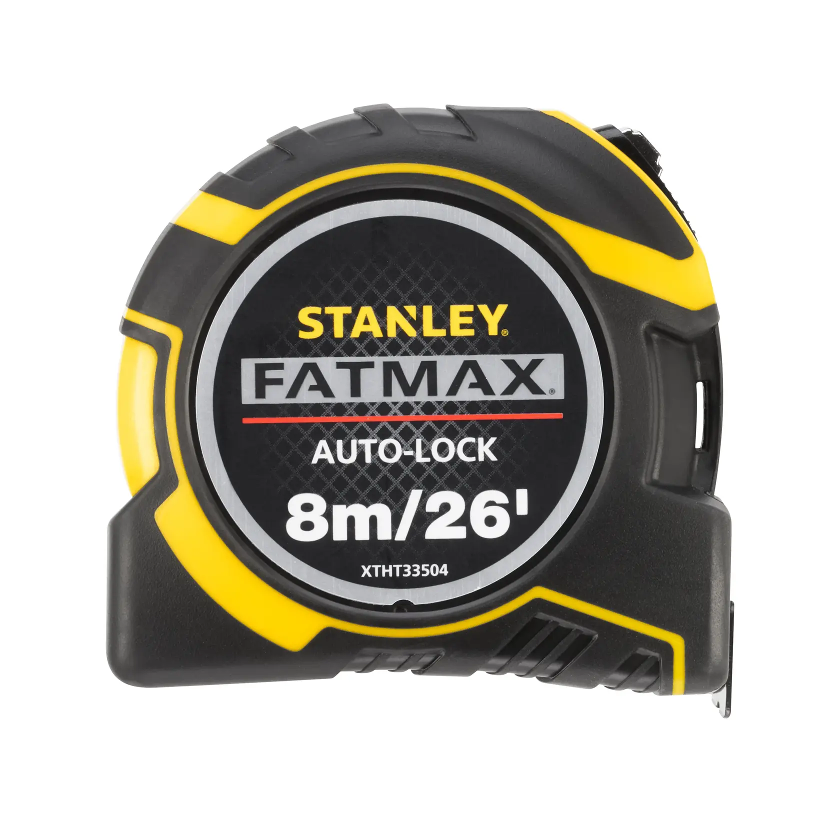 STANLEY XTHT0-33504 tape measure, FATMAX design, 8m/26ft, black and yellow, front angle on white background.