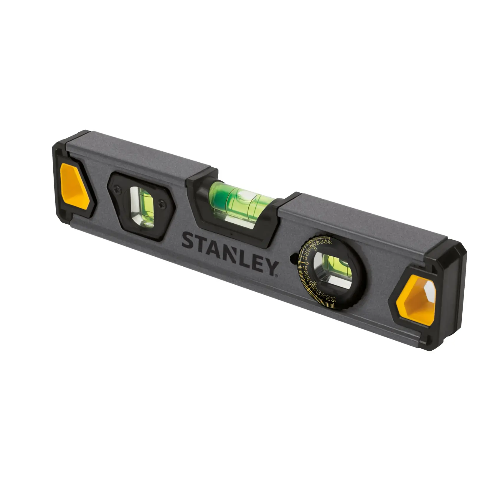 STANLEY XTHT0-42495 torpedo level with three vials, yellow accents, angled on white background.