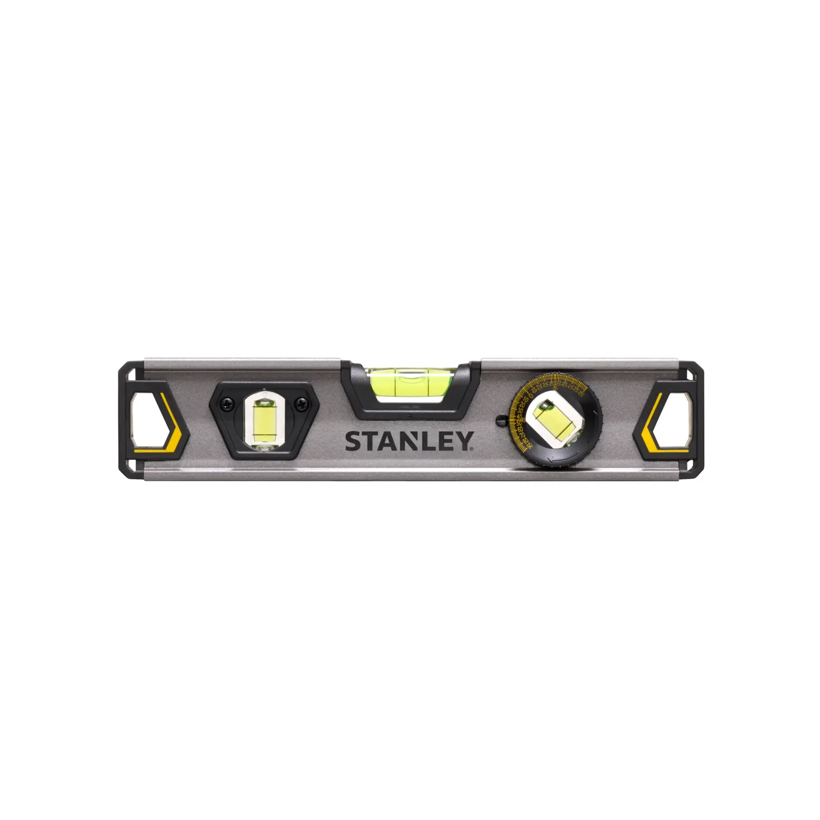 Stanley spirit level with three vials and metal frame, used for measuring horizontal and vertical alignment.